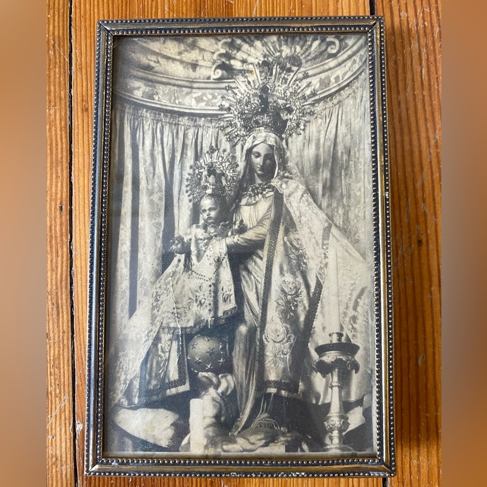 Vintage Framed Photograph of a statue of Our Lady of the Rosary